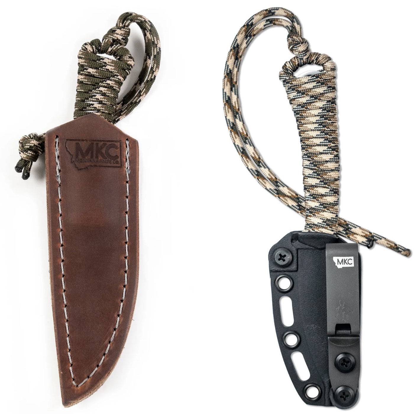 A two-image collage showing the two sheath options for the MKC Mountain Goat 2. The leather sheath is on the left, and the kydex sheath is on the right.