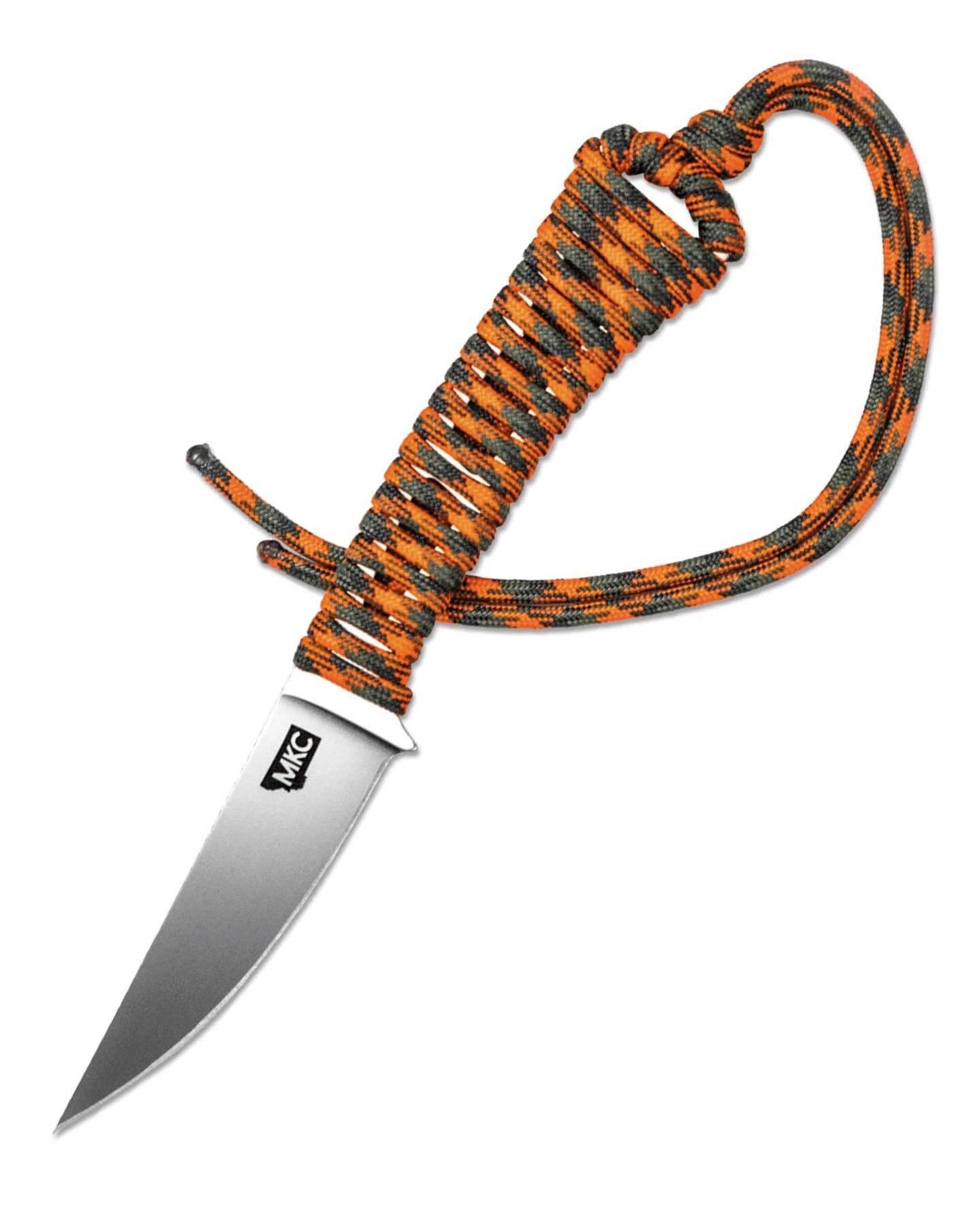 The Montana Knife Company Mountain Goat 2.0 with an orange paracord handle on a white background.