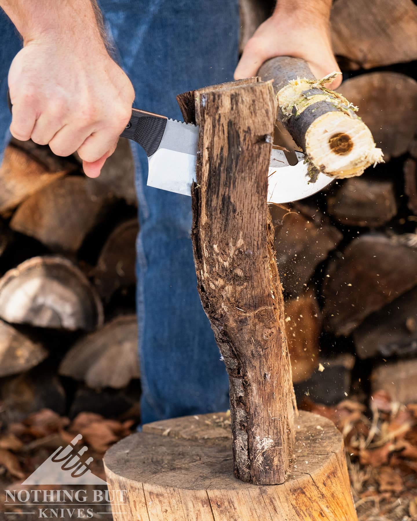 The Maxsa Blade bushcraft chef knife being used to baton a piece of oak.