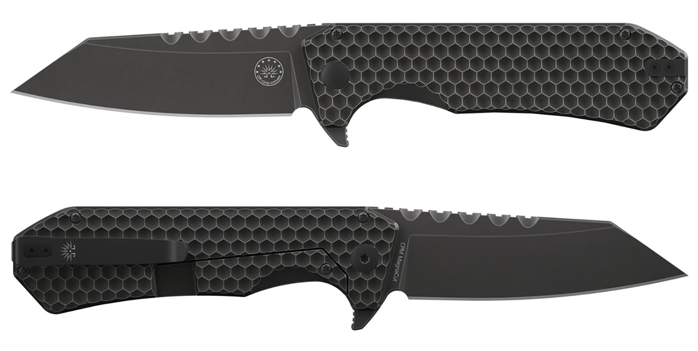 A two-image collage showing both sides of the third version of the Off-Grid Black Mamba folding knife on a white background.