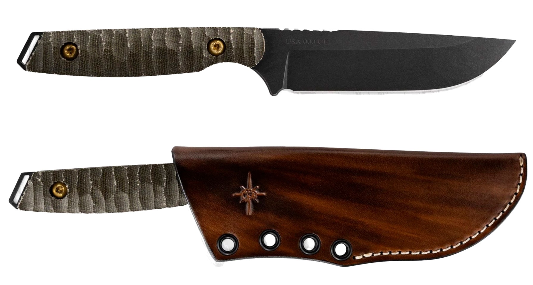 The Toor Campfire Field 2.0 fixed blade knife shown both with its sheath and without its sheath in front of a white background. 