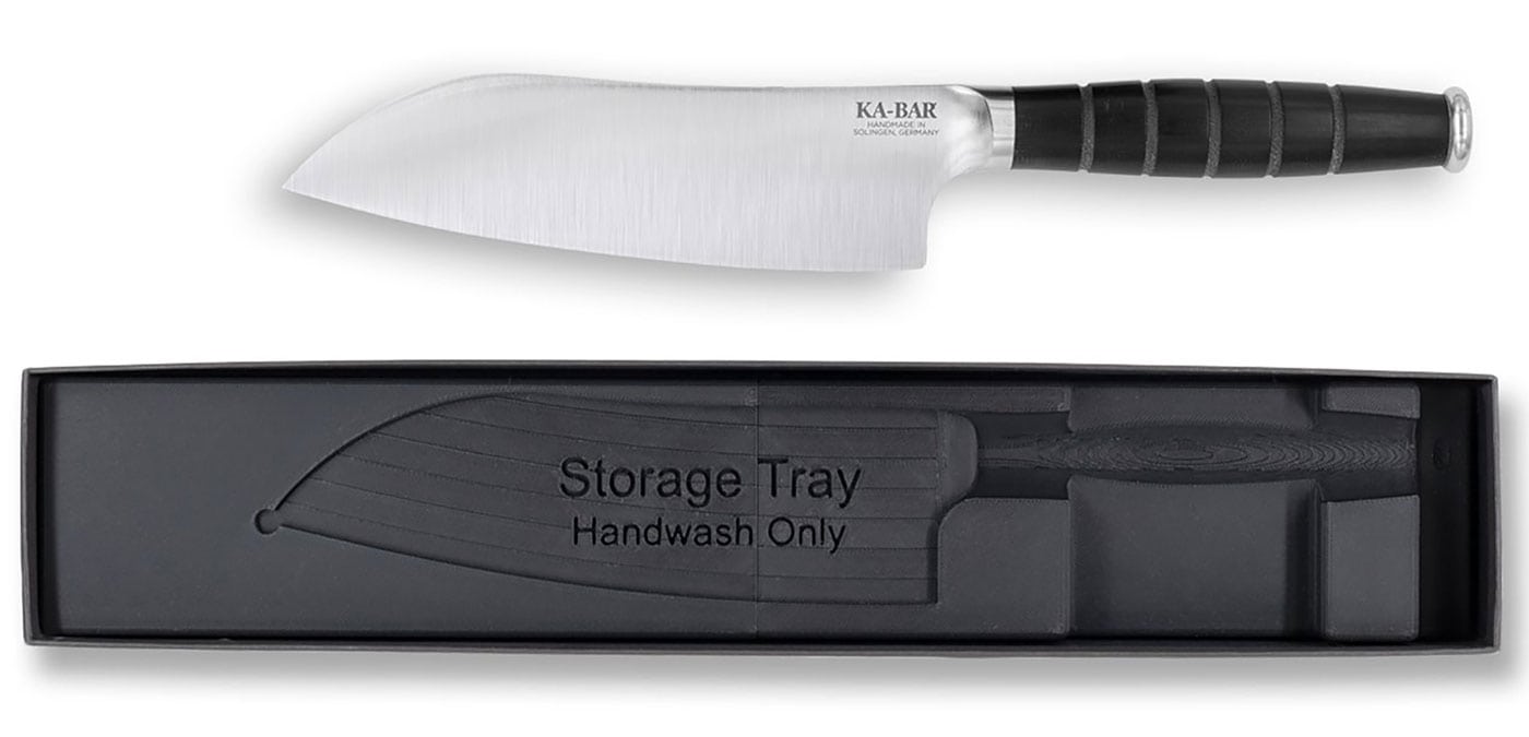 The Ka-Bar 7-inch santoku knife shown here with its magnetized storage tray on a white background.