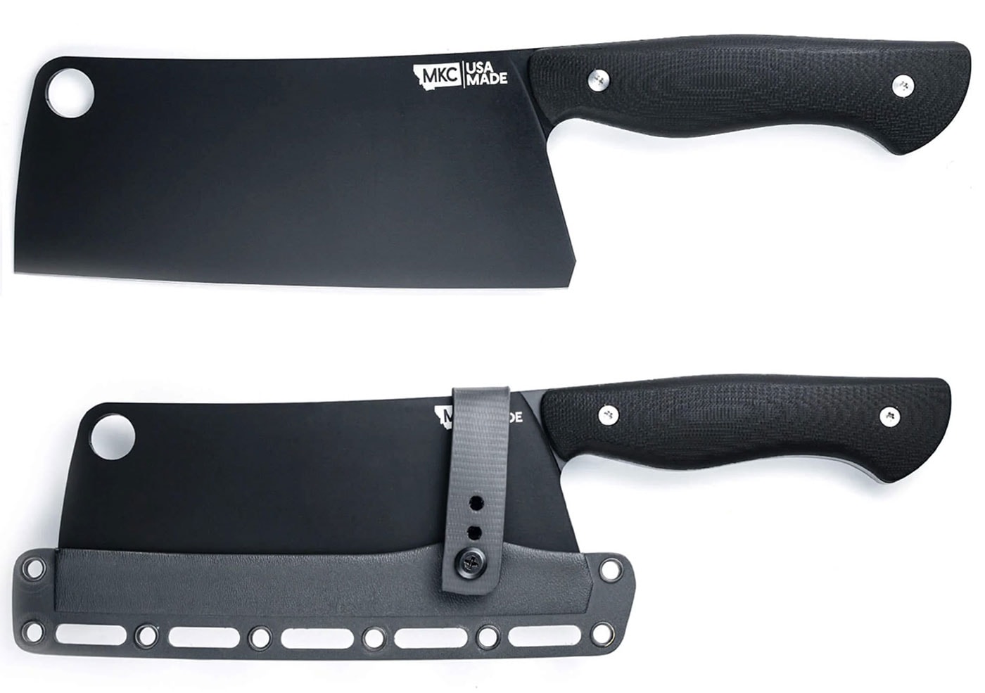 The black version of the MKC Cattleman Cleaver shown without its sheath on top and with its sheath on the bottom. 