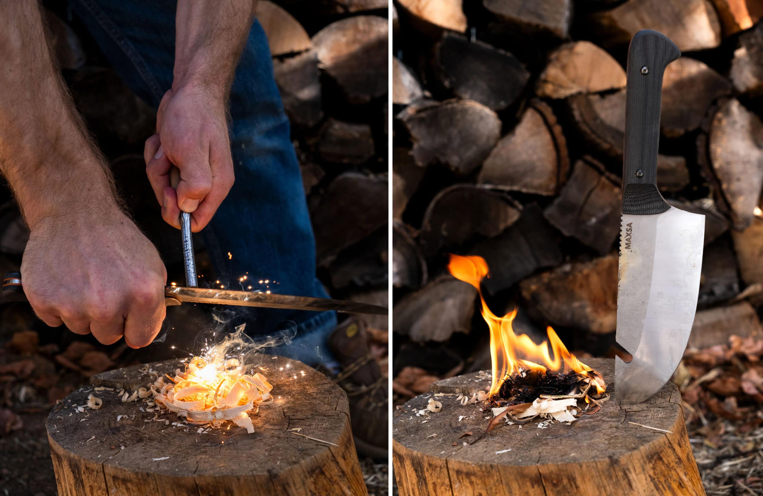 A two image collage showing the Maxsa Blade throwing spark with a ferro rod, and the small fire it started.