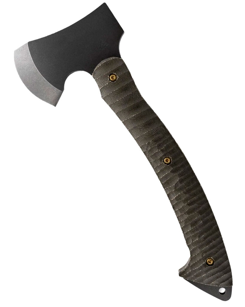 The Toor Campfire Camp Axe shown here with the axe head on top of the frame in front of a white background. 