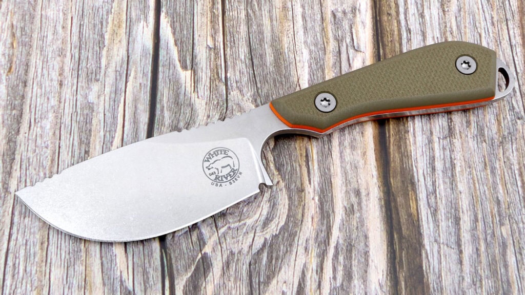 White RIver Knives Skinner 1 fixed blade knife with OD green handle scales.