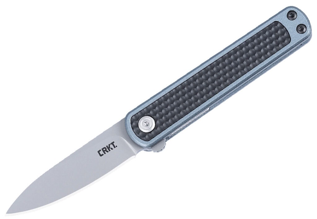 The CRKT Pup pocket knife with the blade open in front of a white background. 