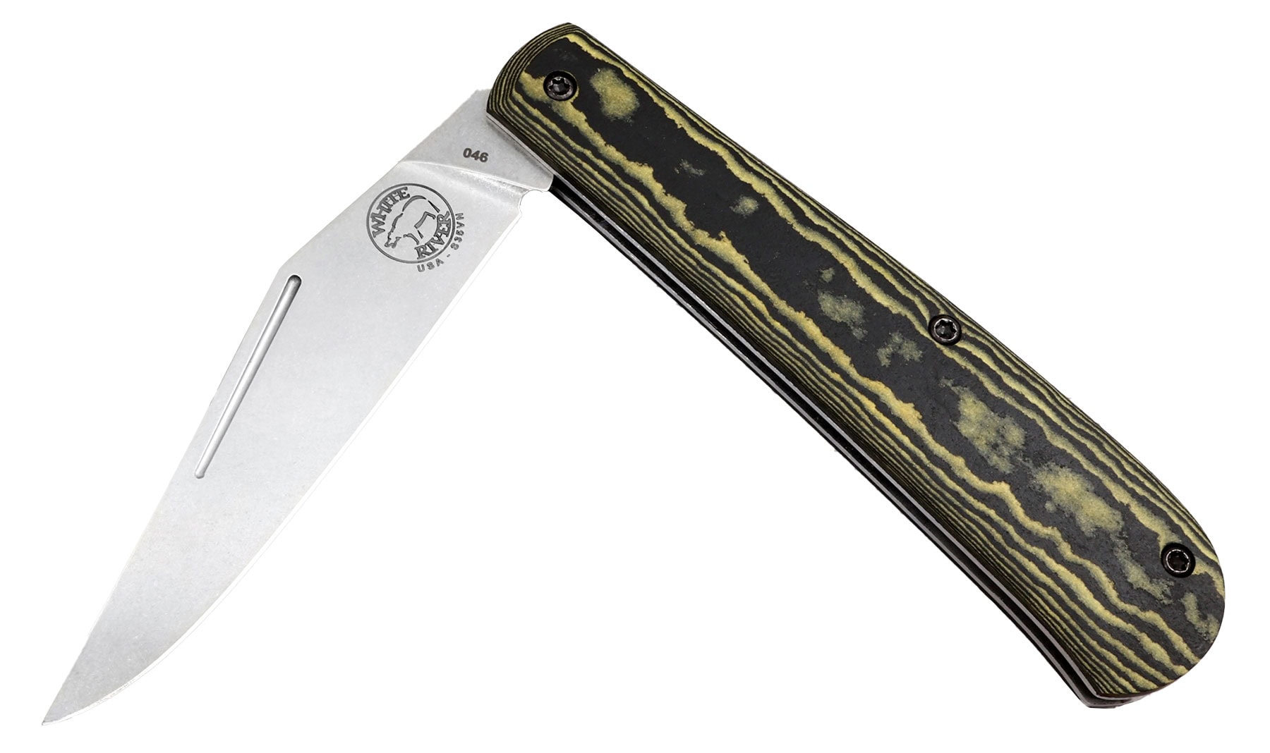 The Trailhead Trapper slip joint knife with a Maple and black richlite handle shown here with the blade in the half open position in front of a white background.