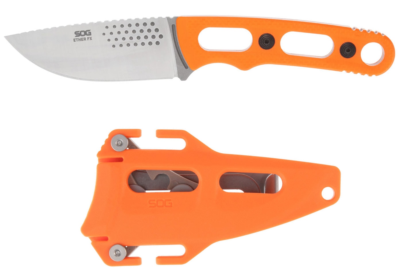 The SOG Ether FX shown here with its kydex sheath on a white background.