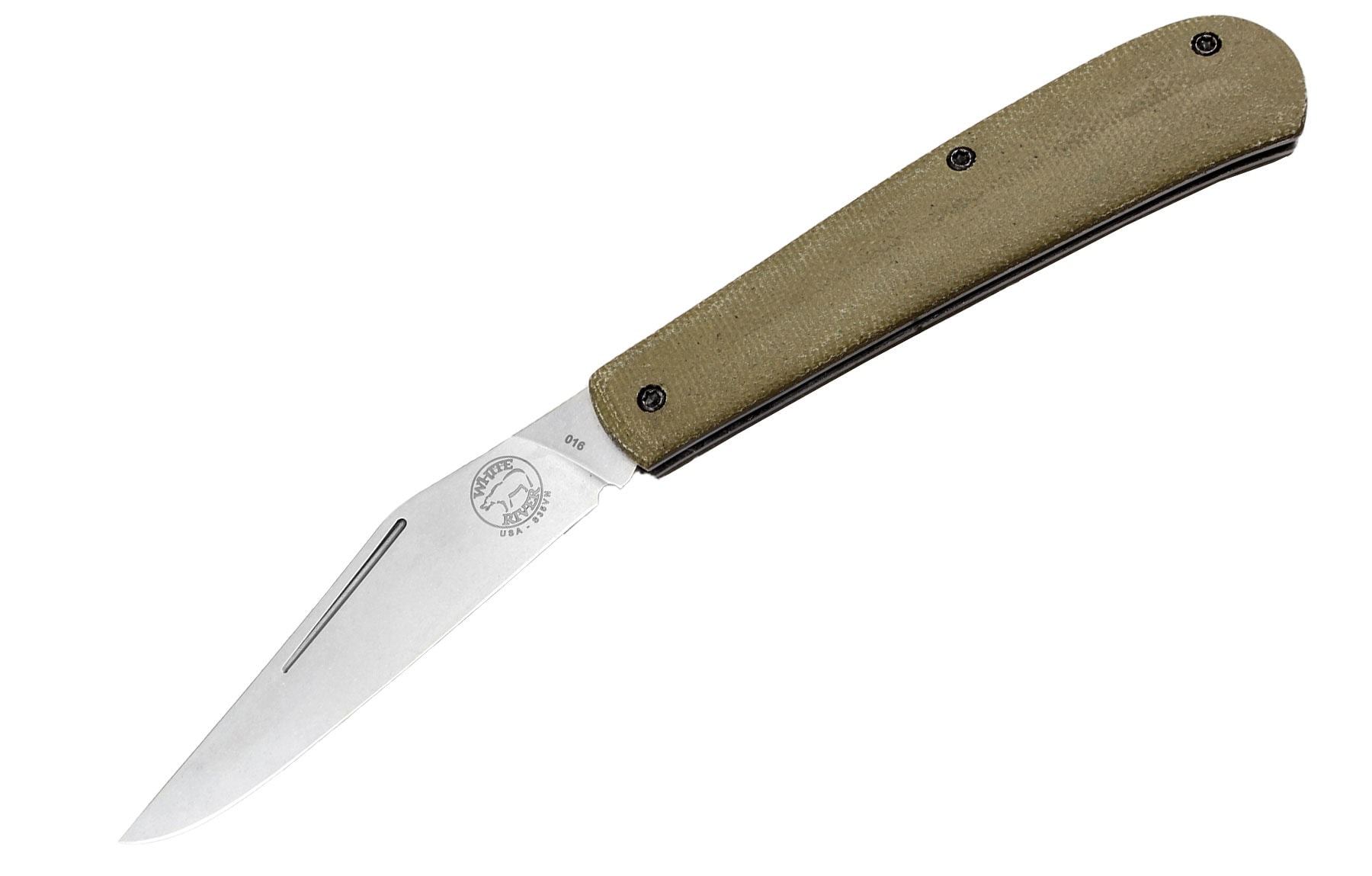 The Olive Drab Micarta model of the Trailhead Trapper slip joint knife with the blade open in front of a white background.