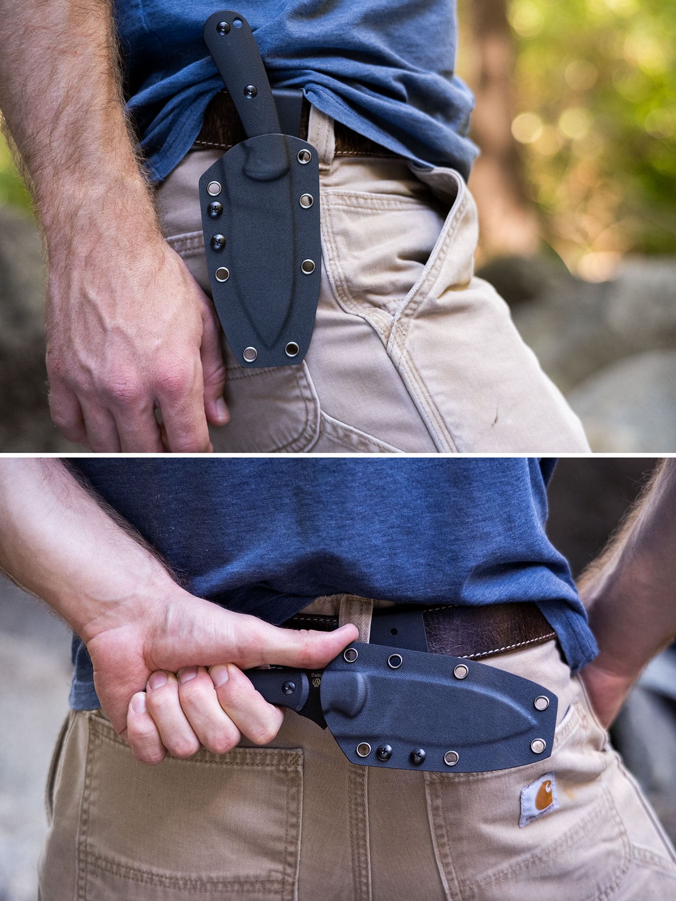 A two image collage of the Kizer Baby being carried in the vertical carry position and the horizontal carry position. 