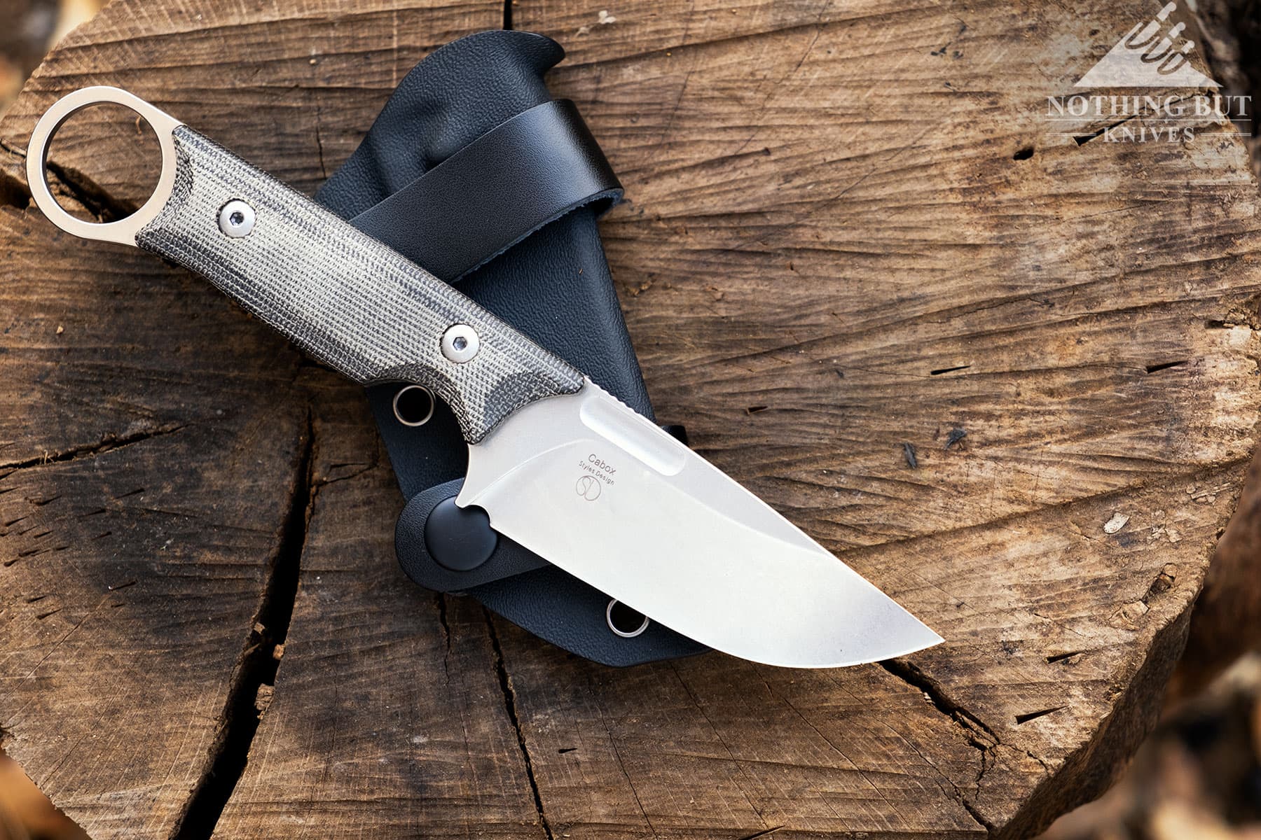 An overhead view of the Kizer Cabox fixed blade knife outside its kydex sheath on top of a tree stump. 