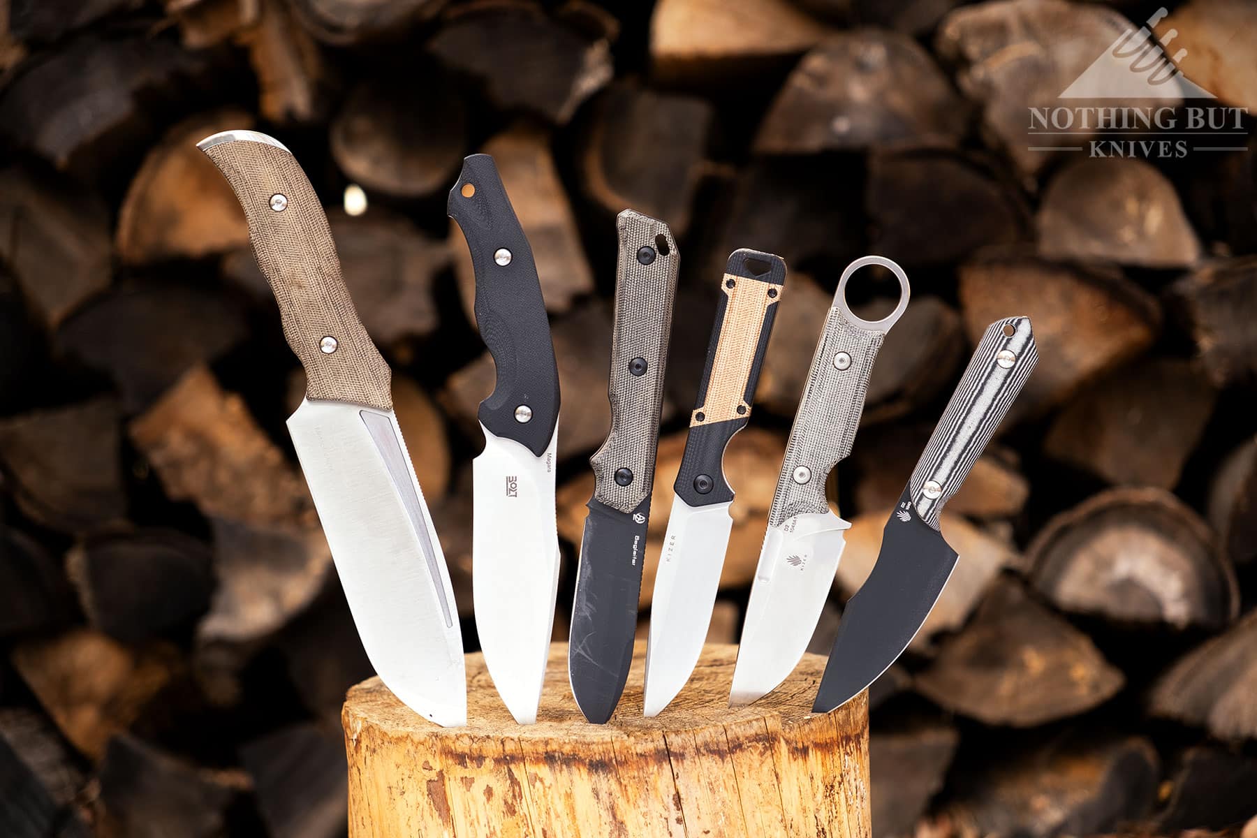 Six of our favorite Kizer fixed blade knives sticking out of a log in front of a pile of firewood. 