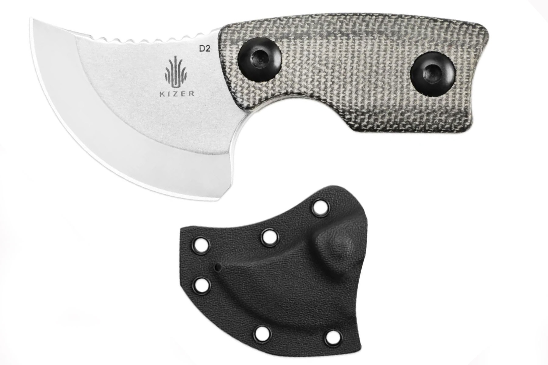 The Kizer Rocker small fixed blade knife shown next to its kydex sheath on a white background. 