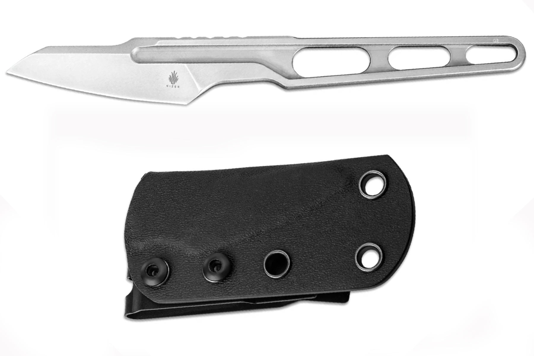 The Kizer Scuttler fixed blade EDC knife shown with its kydex sheath in front of a white background.