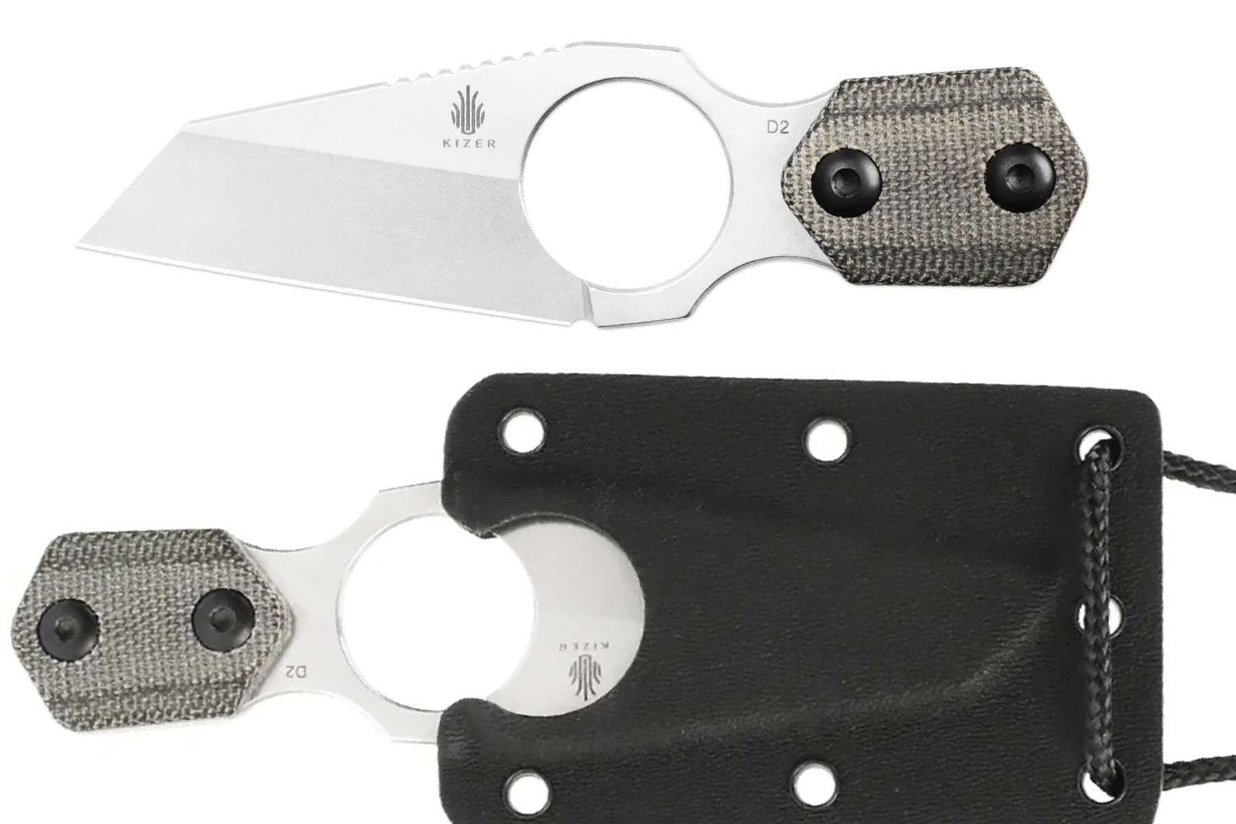 A two-image collage showing the Kizer Variable neck knife both with and without its sheath in front of a white background. 