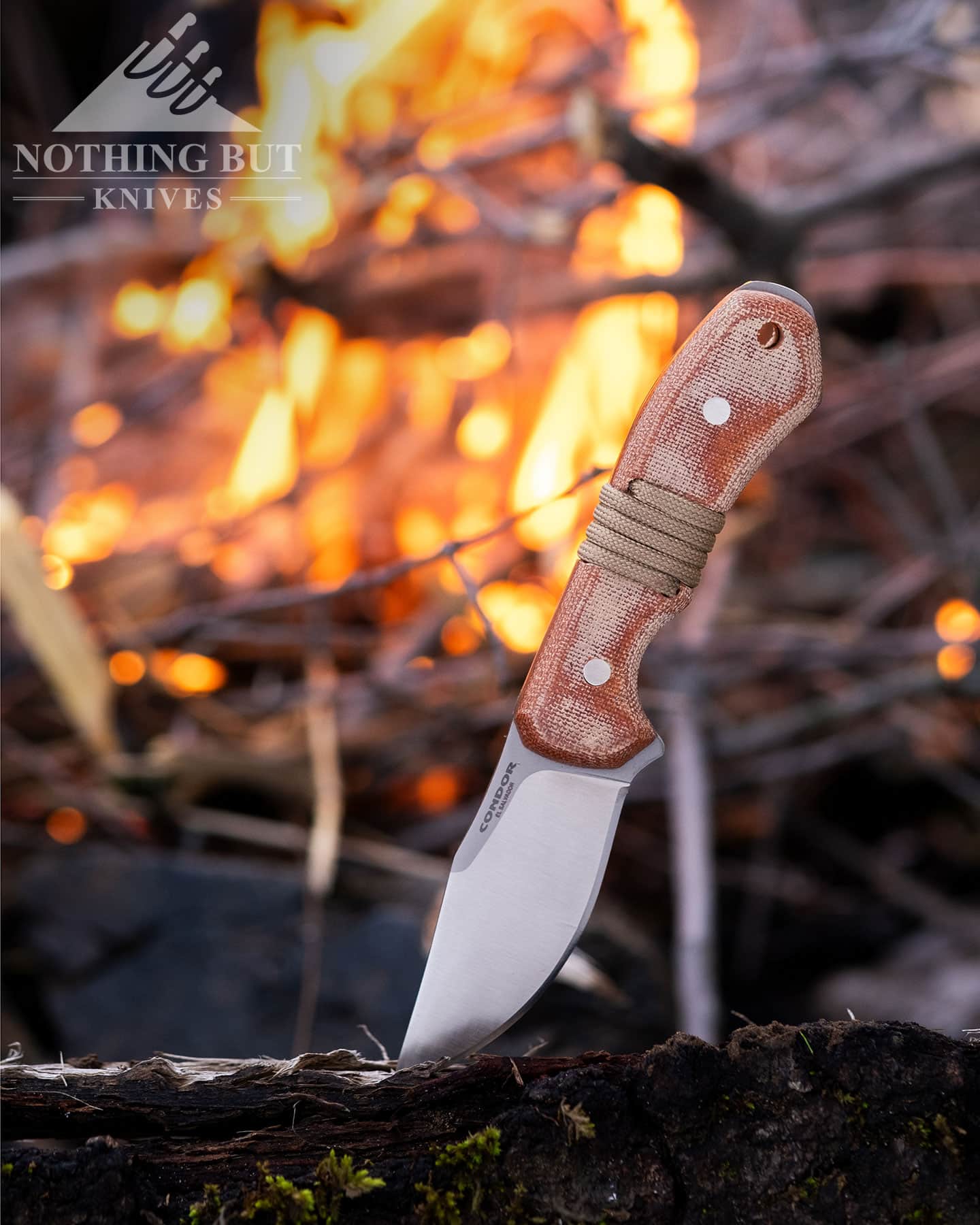 The Condor Mountaineer Trail Wingman fixed blade knife sticking out of a piece of firewood in front of a campfire. 