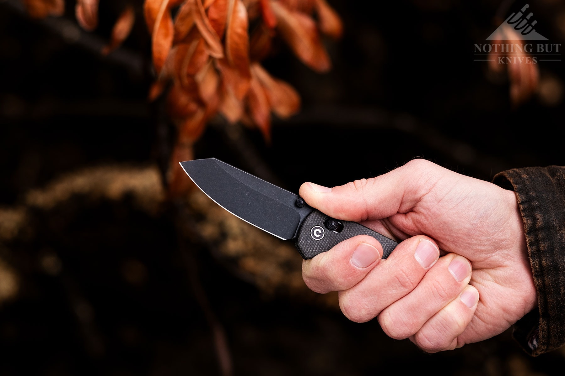 A close-up of the Civivi Yonder folding knife being held in a person's right hand in front of a tree branch full of brown leaves in a forest in the Sierra Nevada Mountains. 