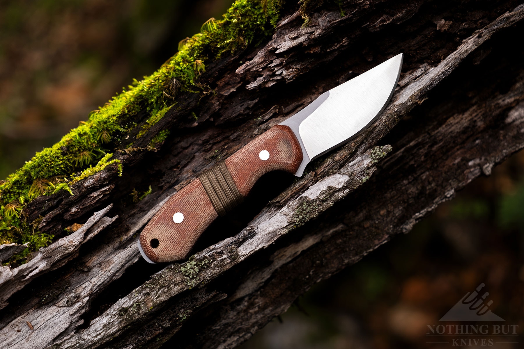 The Condor Mountaineer Trail Wingman knife balanced on a weathered log that is covered in moss. 