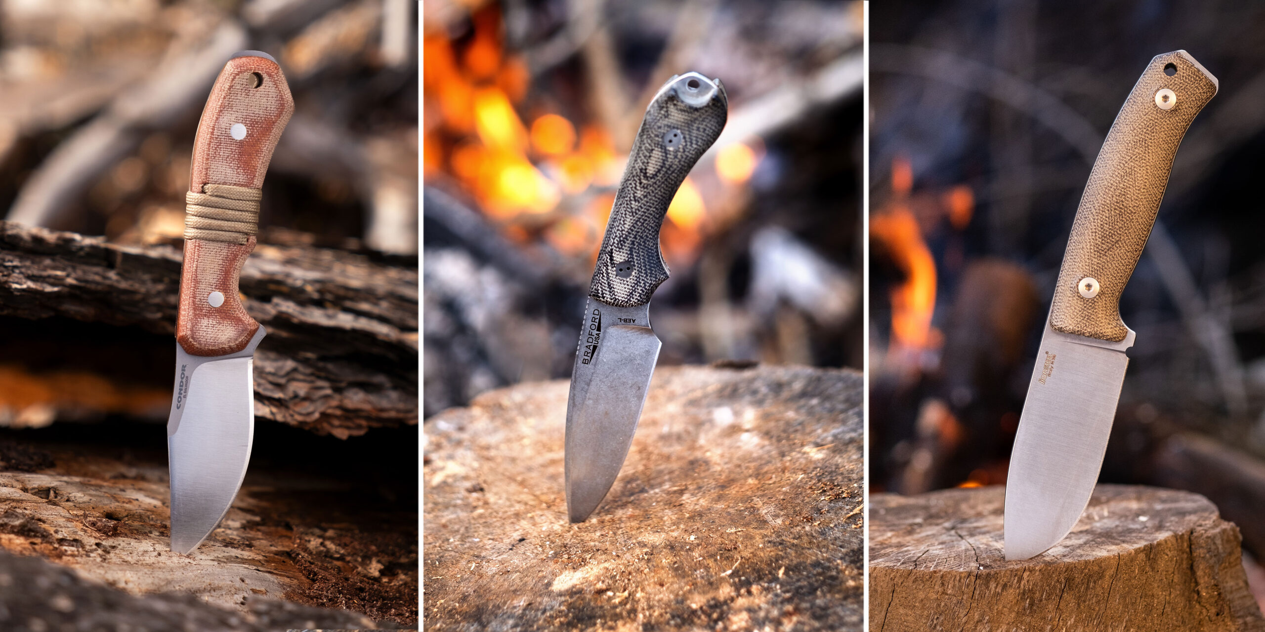 A three image collage showing the Condor Mountaineer Trail Wingman knife on the left, the Bradford Guardian in the middle and the LionSteel M2M on the right.