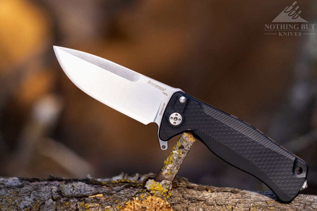 The LionSteel SR22 EDC knife with its plade in the open position balanced on a tree branch in a forest. 