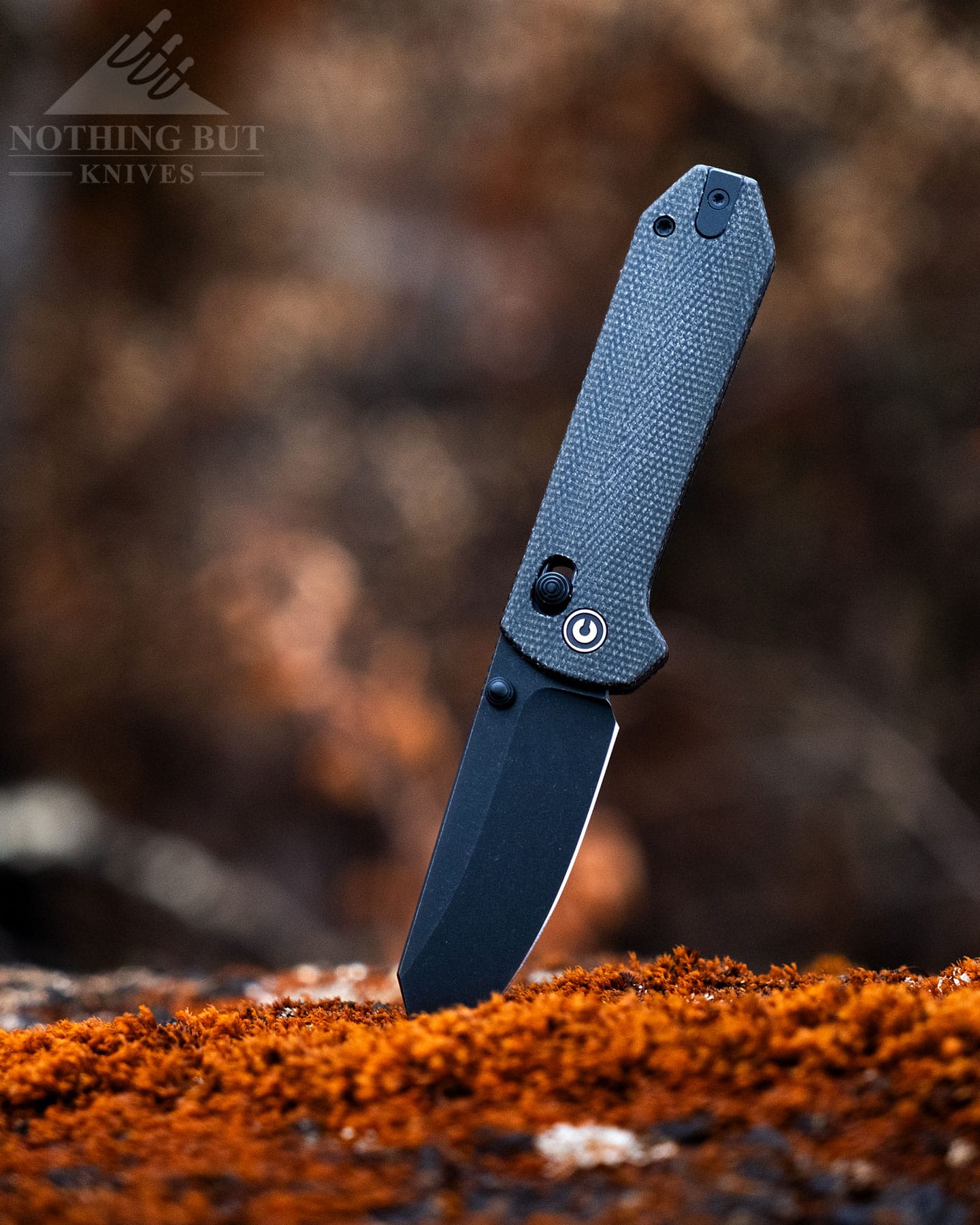 A macro shot of the Civivi Yonder folding knife with its blade locked open sticking out of a moss-covered log. 