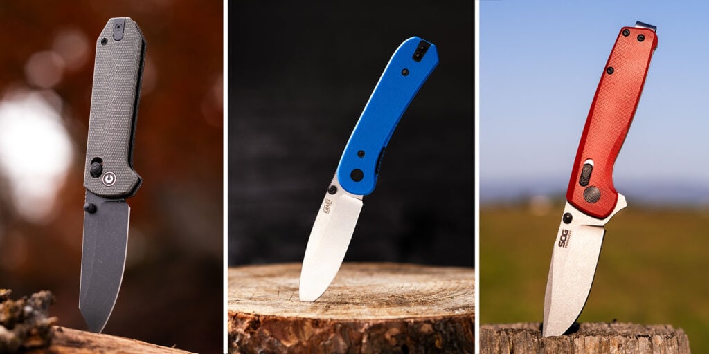 A three-image collage showing the Civivi Yonder and two other pocket knives that are potential alternatives. 