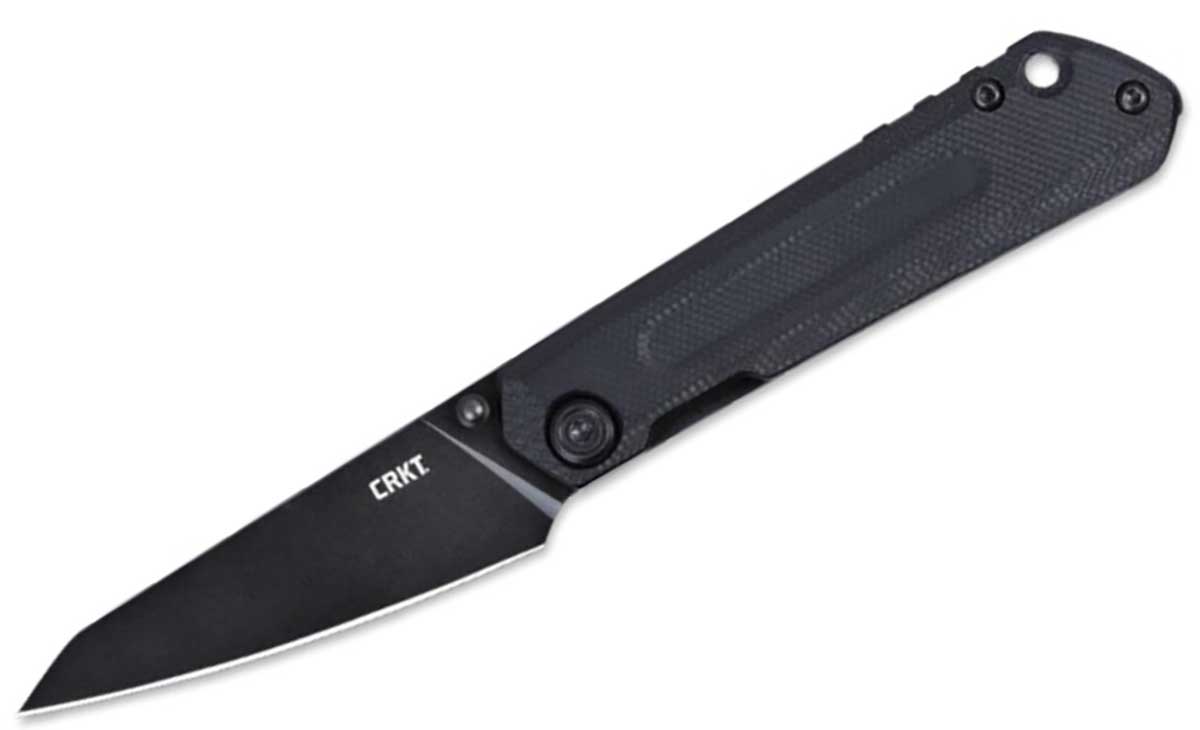 The CRKT Straight Frame Lock folding knife with its blade in the open position in front of a white background. 