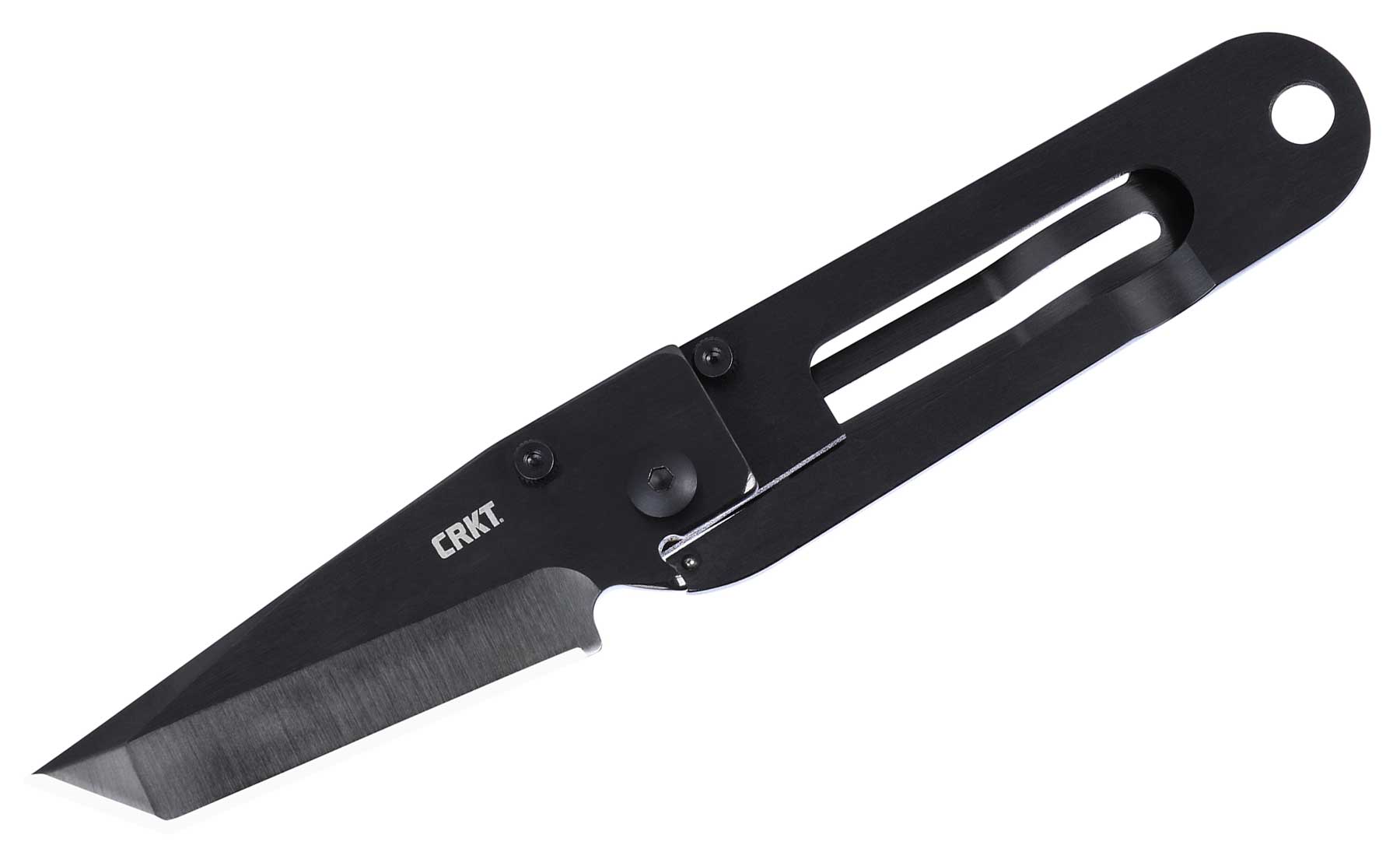 The CRKT K.I.S.S. pocket knife with the blade in the open position on a white background. 