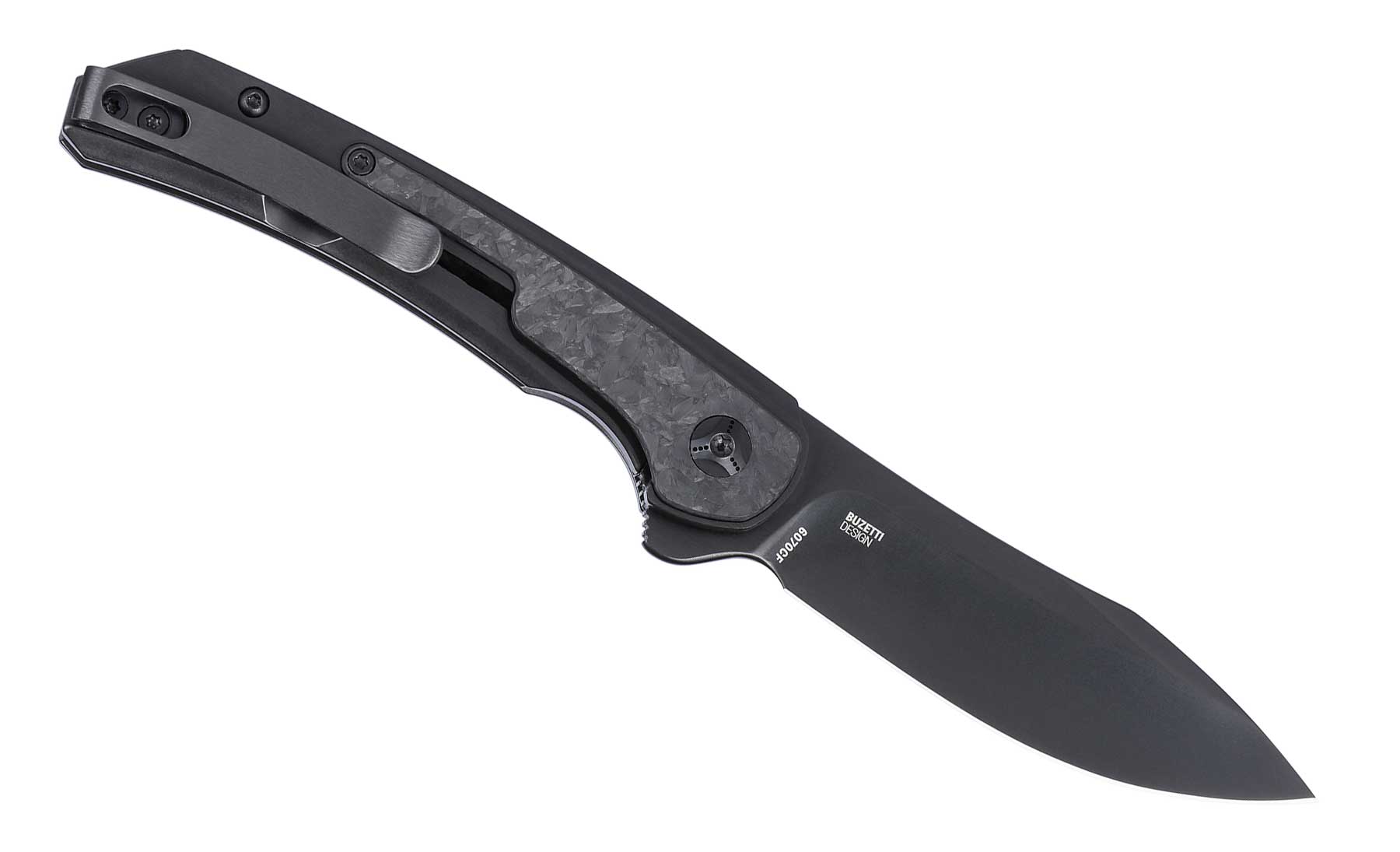 The CRKT Padawan with carbon fiber inlays shown here with the blade in the open position on a white background. 